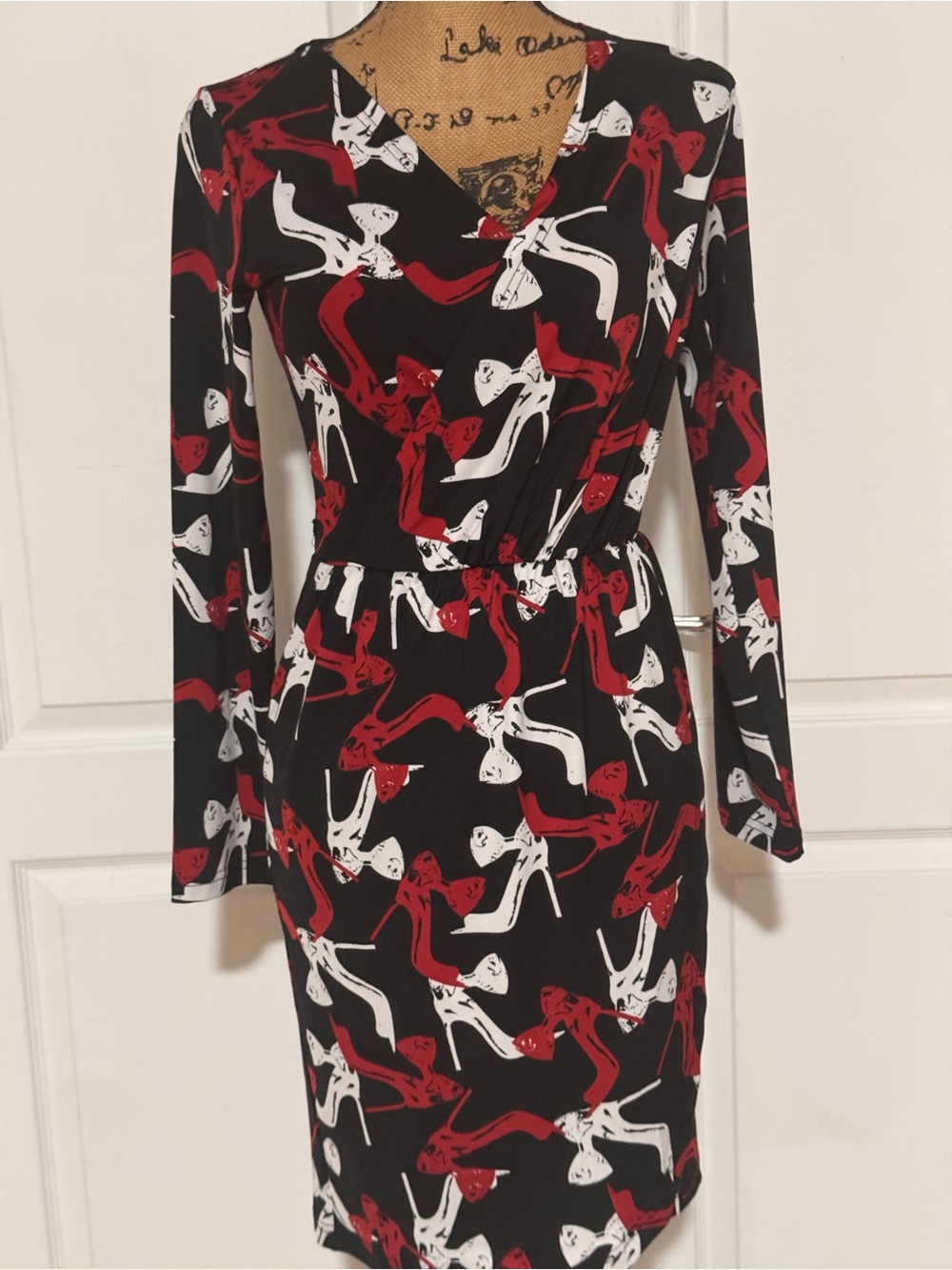 Tracy Negoshian Black Wrap Dress with Red & White Heel Print